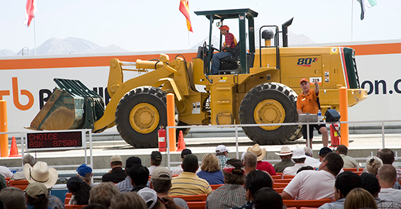 A wheel loader selling at a Ritchie Bros. auction in Perris, California.