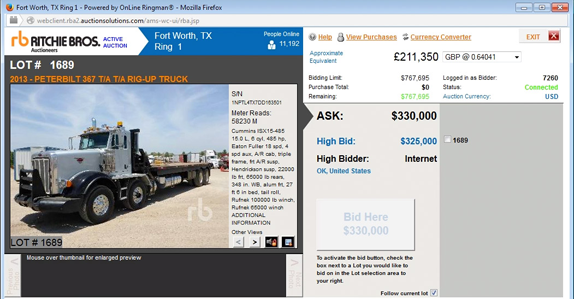 Online bids being placed on a 2013 Peterbilt rig-up truck