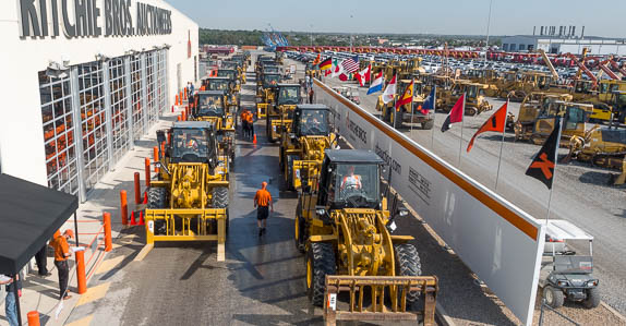 Caterpillar 950H wheel loaders selling on the ramp at the Ritchie Bros. Fort Worth auction facility in September of 2015.